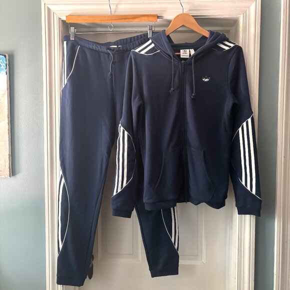 adidas Women's Hoodie Jogger Track Suit Set 2 Piece Navy Side Stripes M - Picture 1 of 16